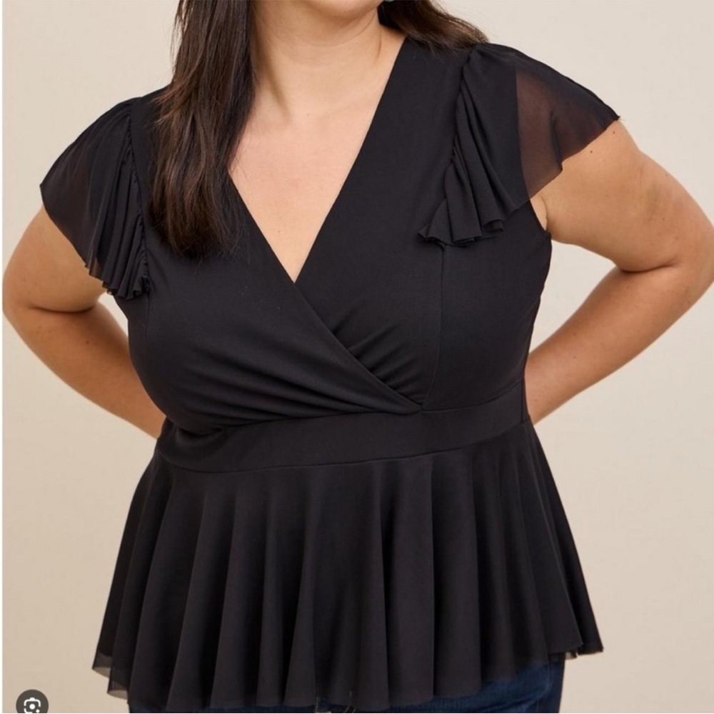 TORRID • Women’s Stretch Mesh Surplice Ruffle Sleeve Black Top Size 2X